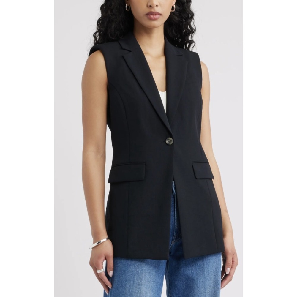 Tibi Womens Black Pleated Silk Back Wool Blend Sleeveless Blazer Vest S